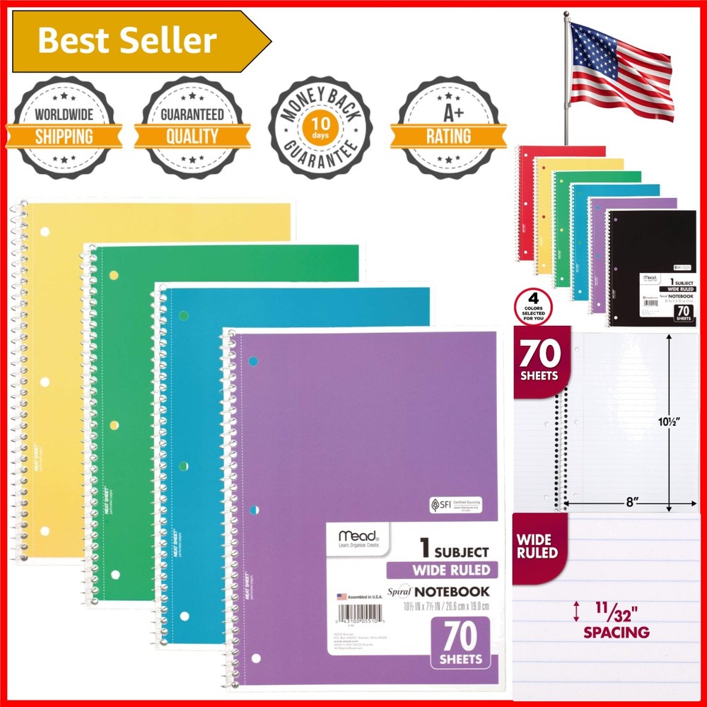 4-Pack 1-Subject Wide Ruled Spiral Notebooks in Assorted Matte Colors