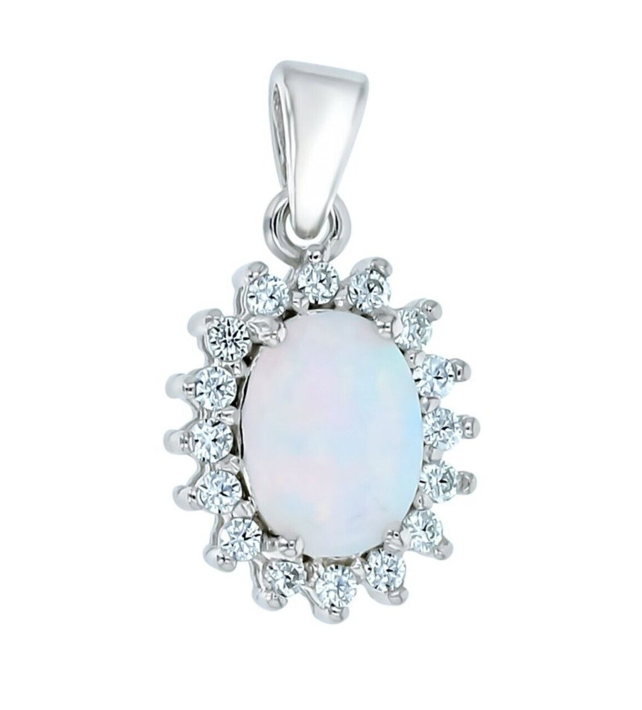 Oval Shape Opal Halo Pendant Necklace set in Solid Sterling Silver