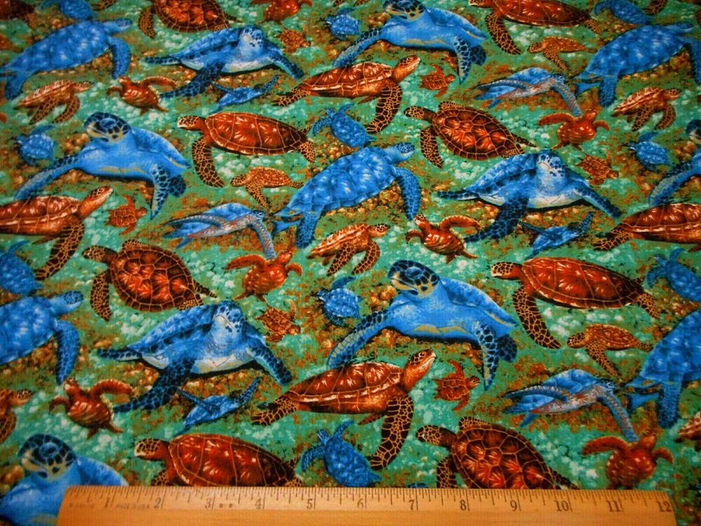 Cotton Fabric Short Yard SALE Blue Brown Turtles Swimming in Water Premium #PC