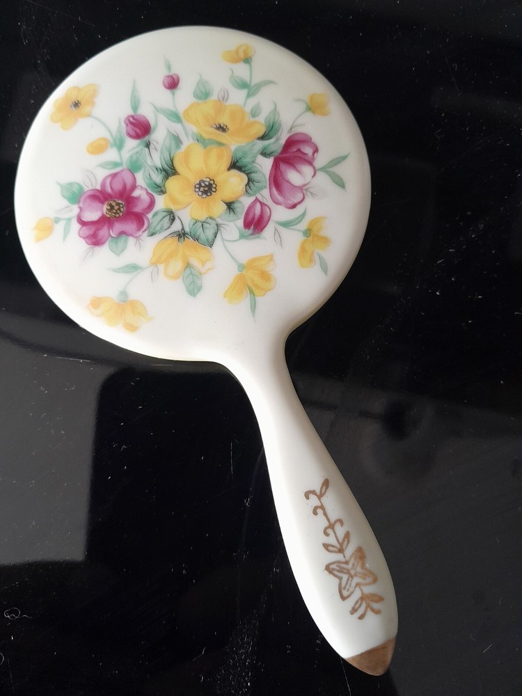 Vintage Victorian Lefton China Hand Mirror Hand Painted Yellow Pink Floral