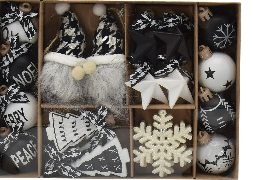 NIB 22 Miniature Christmas Ornaments Black & White Gnomes Snowflakes Balls