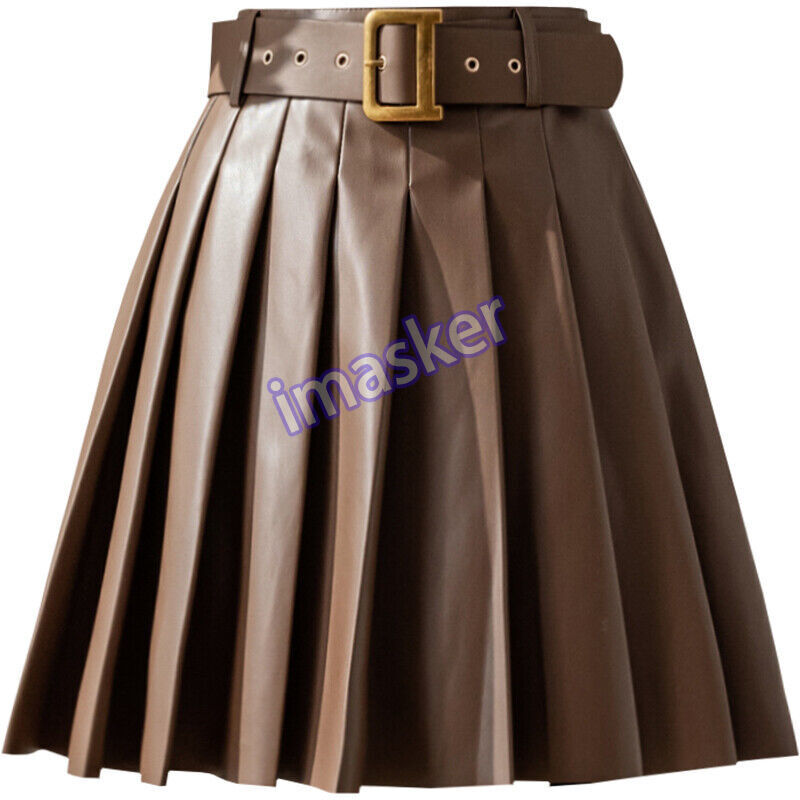 Women PU Faux Leather Pleated High Waist A-Line Skirt with Belt