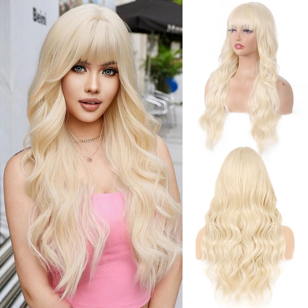 Blonde Wig with Bangs for Women Long Blonde Wavy Curly Wig Heat Resistant Syn...