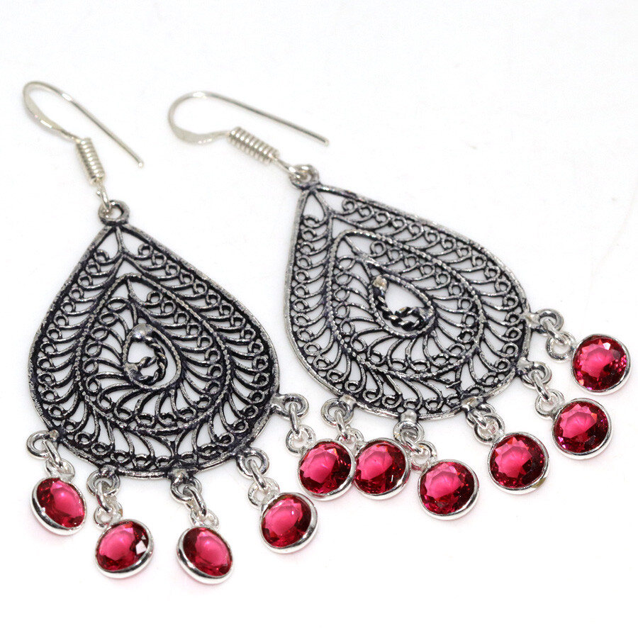 925 Silver Plated Pink Rubbillite Faceted Long Earrings Size 2.6