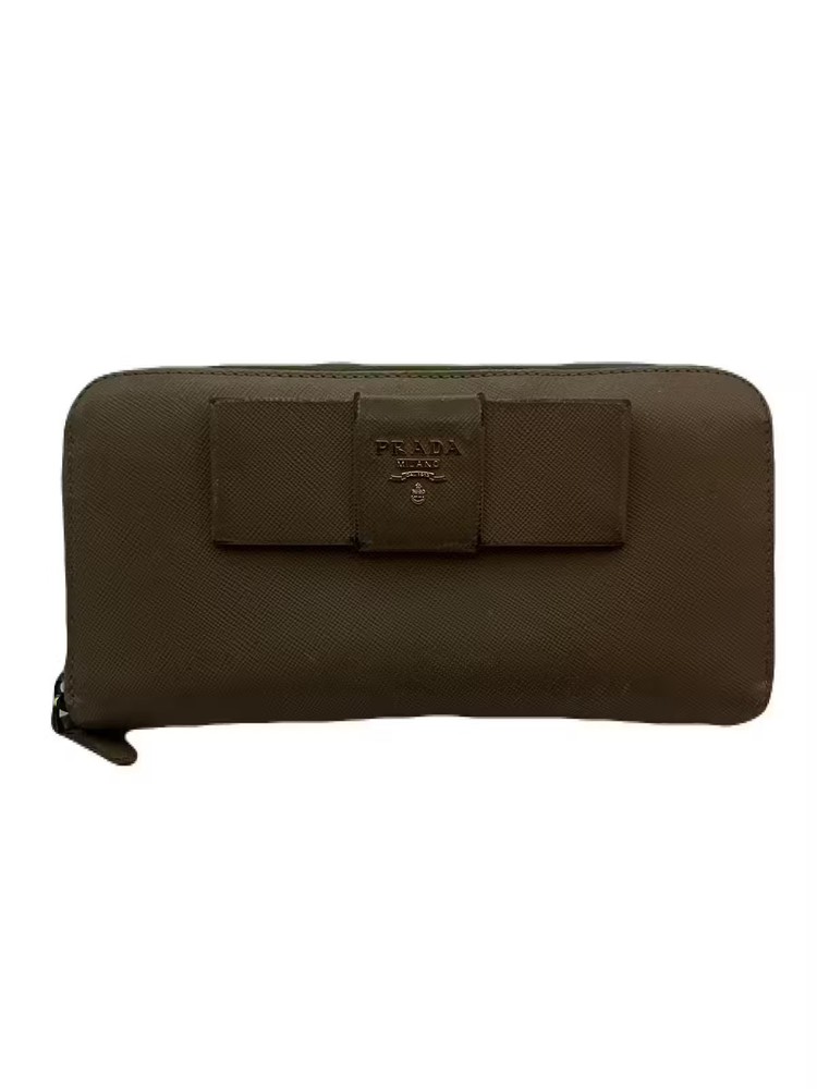 PRADA Round Zip Long Wallet Leather Beige USED TB91-4