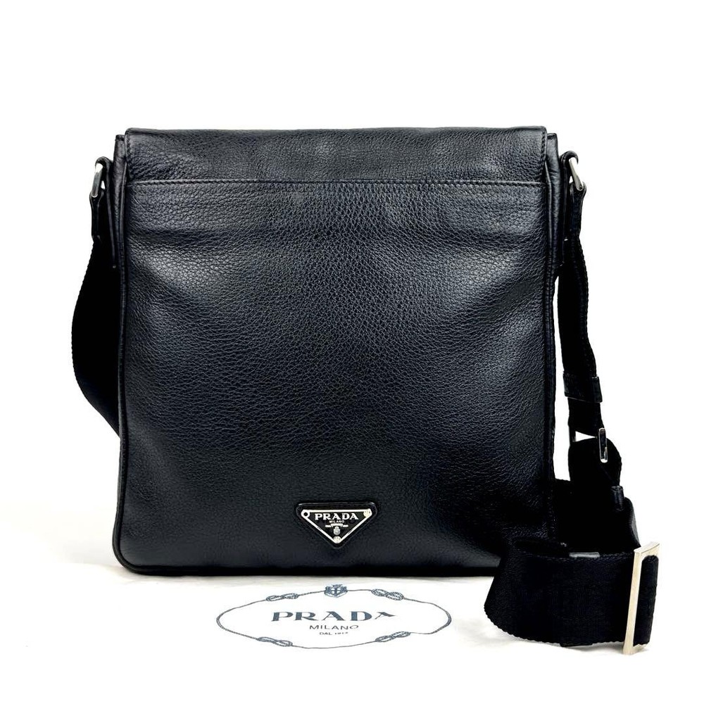 Prada Shoulder Bag Triangle Logo Plate Lining All-Over Leather Black