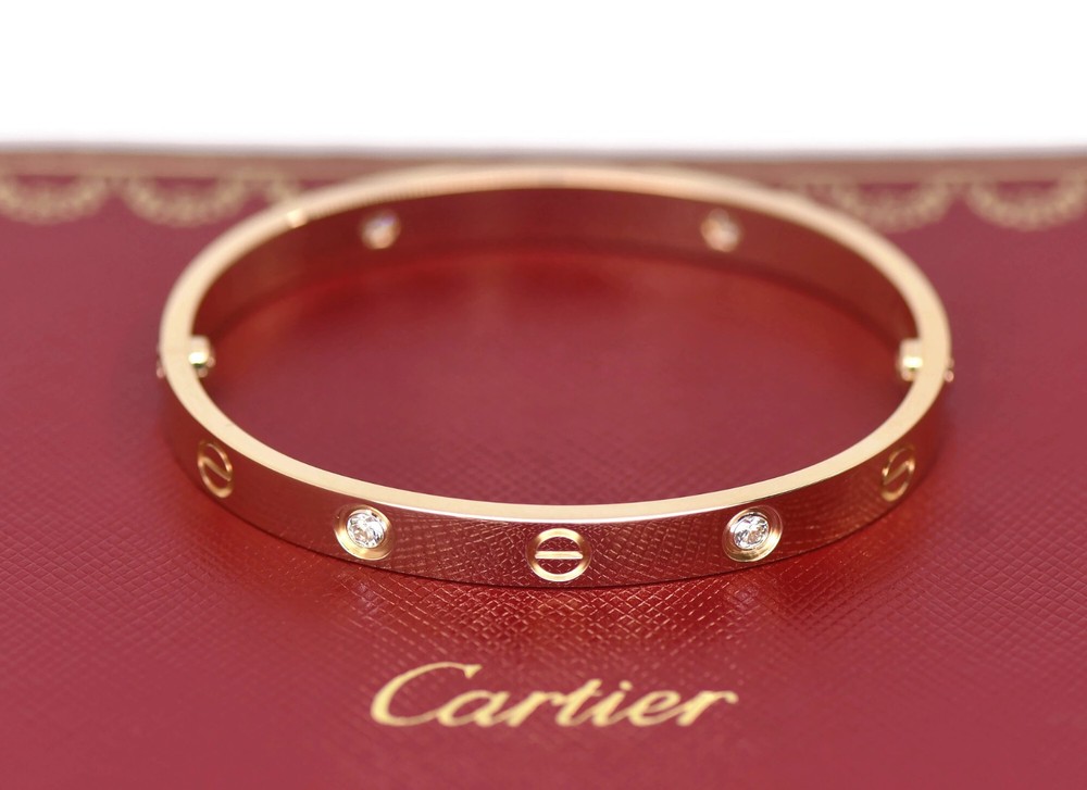 Cartier 4 Diamond 18K Rose Gold Love Bracelet Size 16