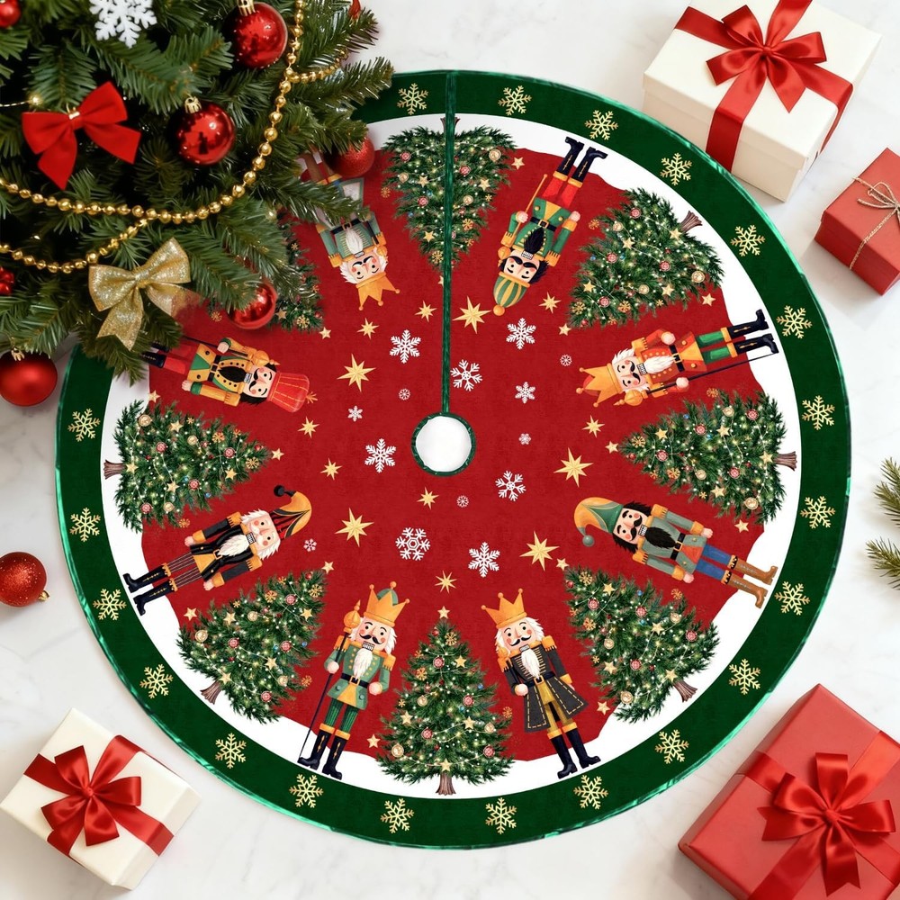 48 inch Vintage Nutcracker Christmas Tree Skirt, Snowflakes Christmas Tree Colla