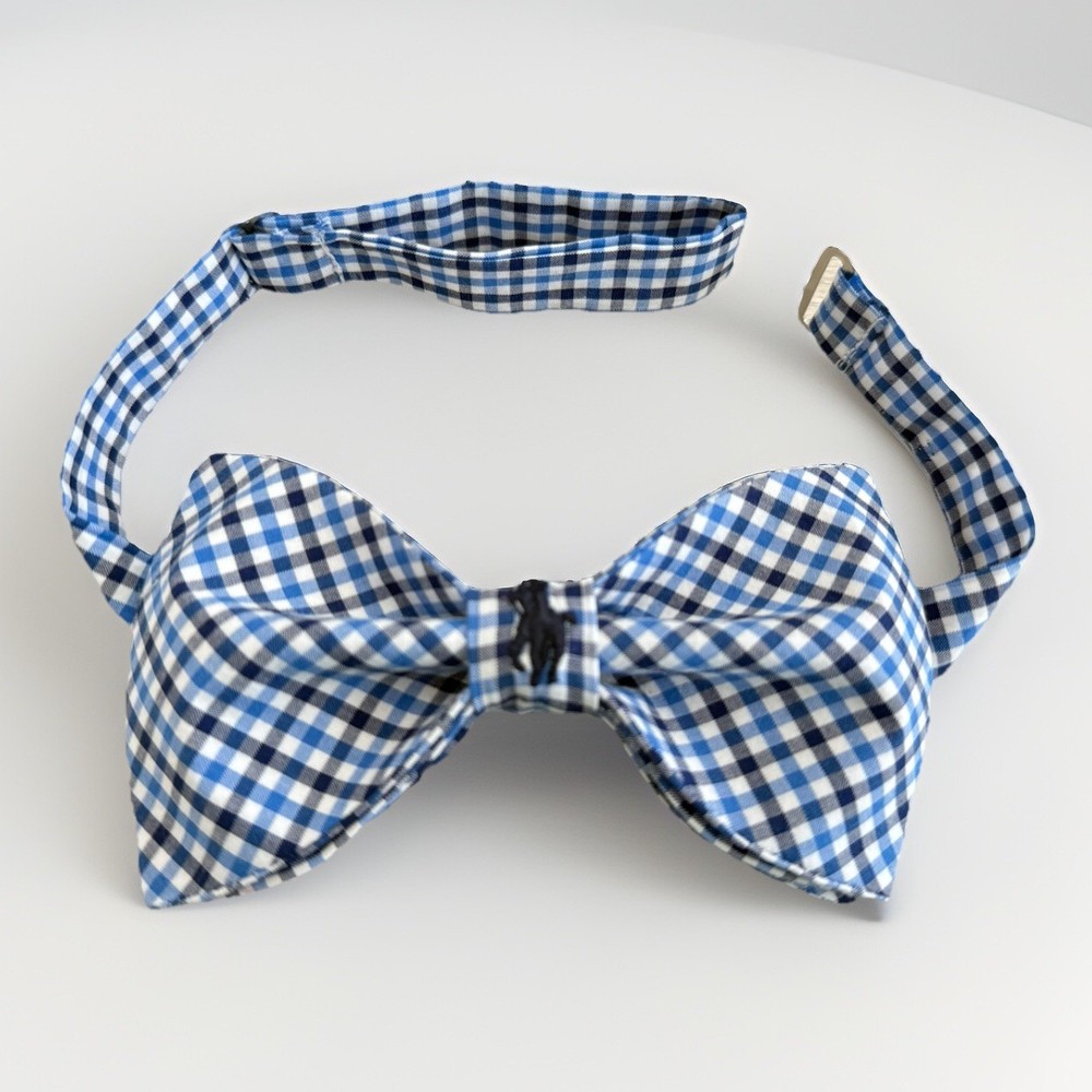 Custom Mens Blue Gingham Bow Tie Pre-tied Adjustable Handmade with Pony
