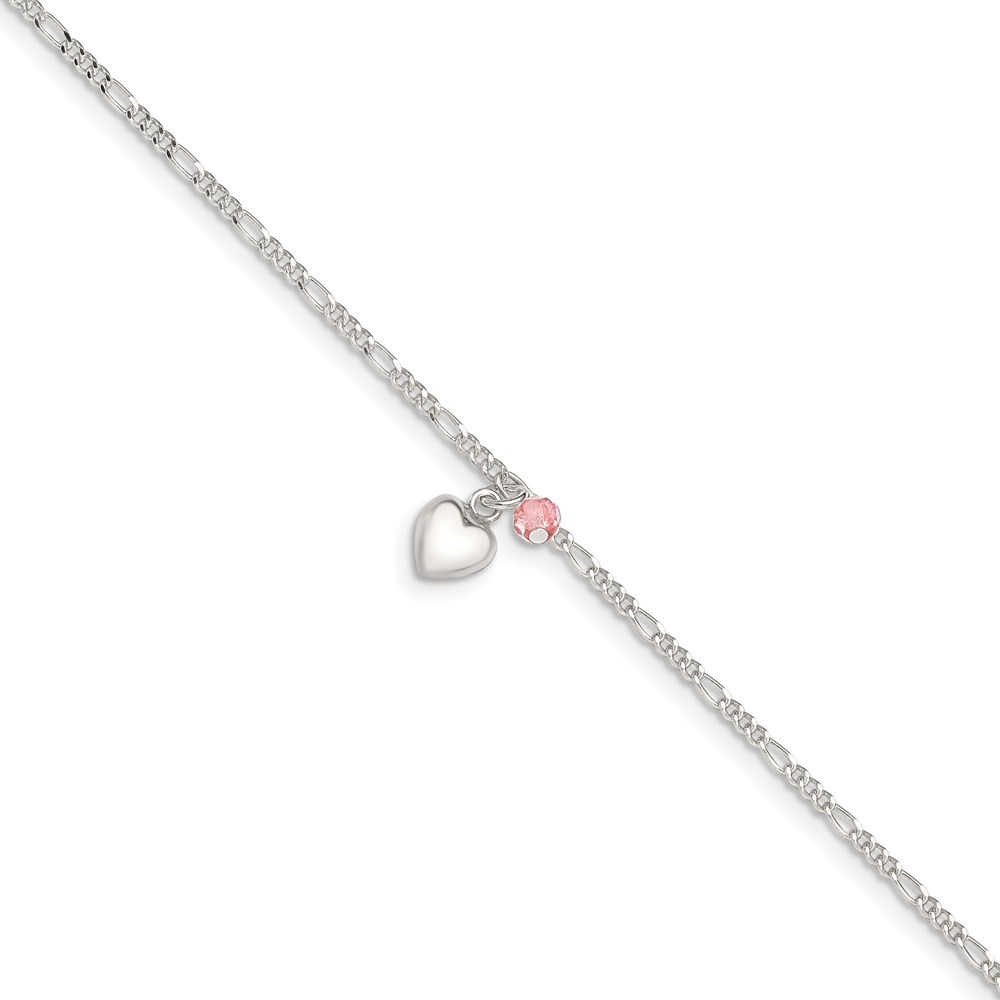 Sterling Silver Cherry Quartz Dangling Hearts on Figaro Link Anklet 9
