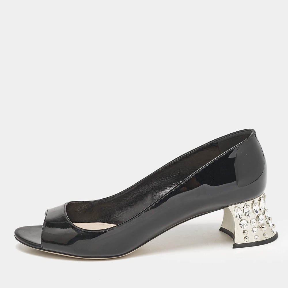 Miu Miu Black Patent Leather Crystal Block Heel Open Toe Pumps Size 37.5