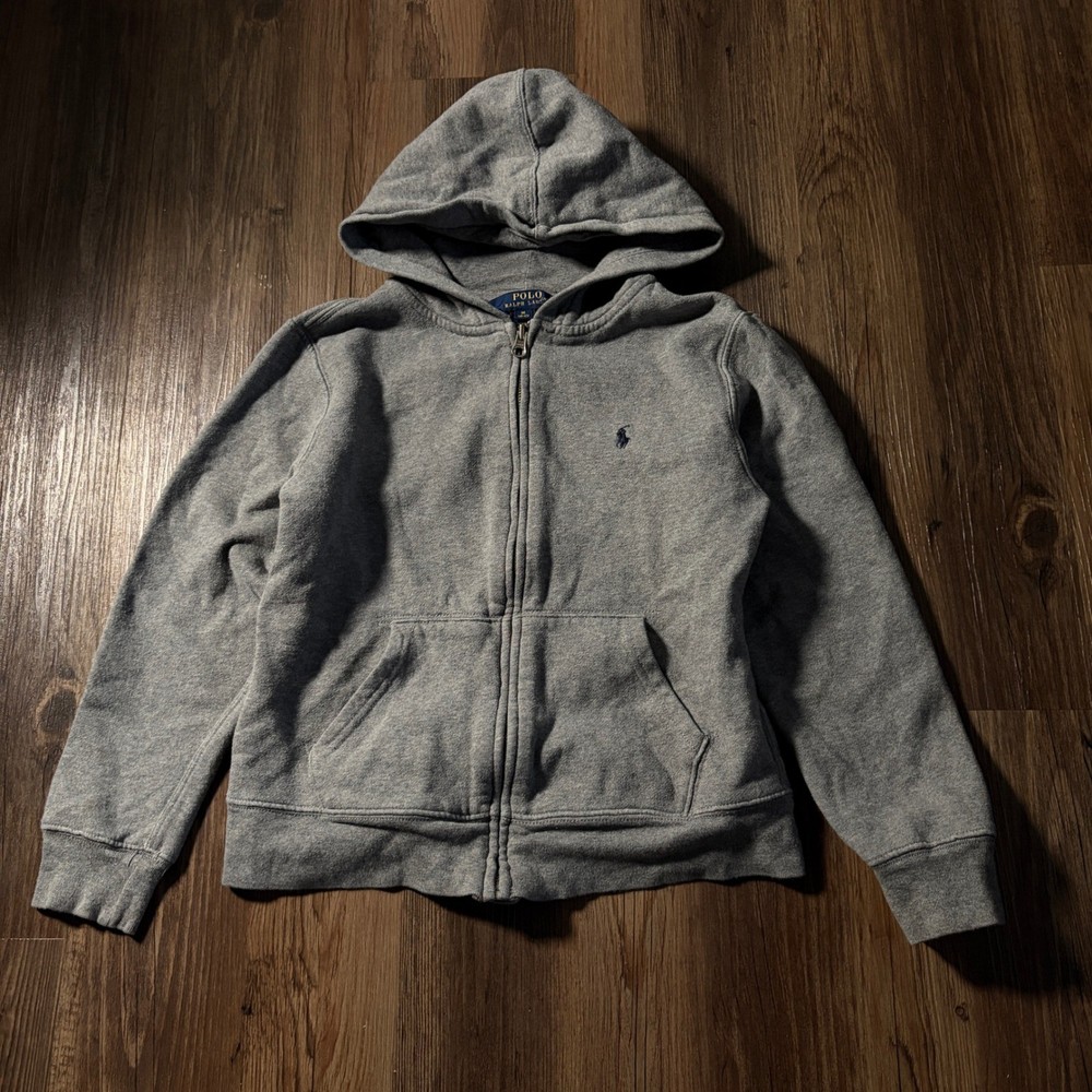 Kids Polo Ralph Lauren Gray Zip Up Hoodie Size M 10 12 Pouch Pocket
