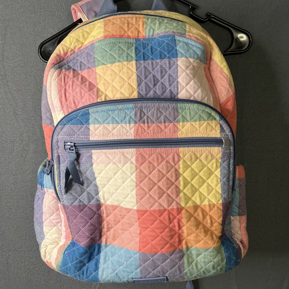 Vera Bradley Large Tropics Plaid Pink Blue Yellow Campus Backpack  