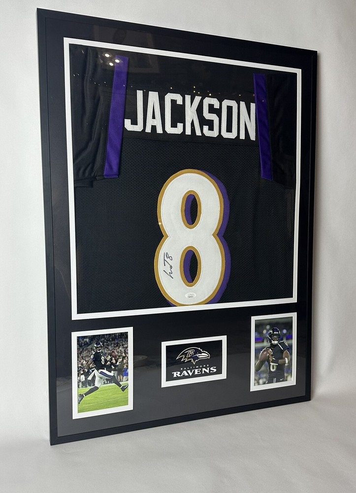 LAMAR JACKSON AUTOGRAPHED SIGNED CUSTOM BALTIMORE RAVENS JERSEY FRAMED JSA COA