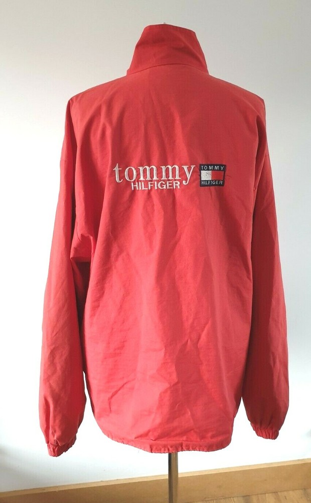 Vintage Red Tommy Hilfiger Bomber Jacket with Spellout Logo XL Zip Track Oldskool Style