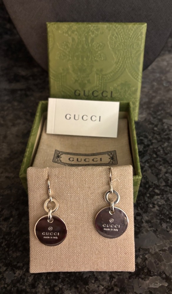 Gucci Italy Sterling Silver Dangle Drop Earrings Embossed Logo Round w Box Pouch