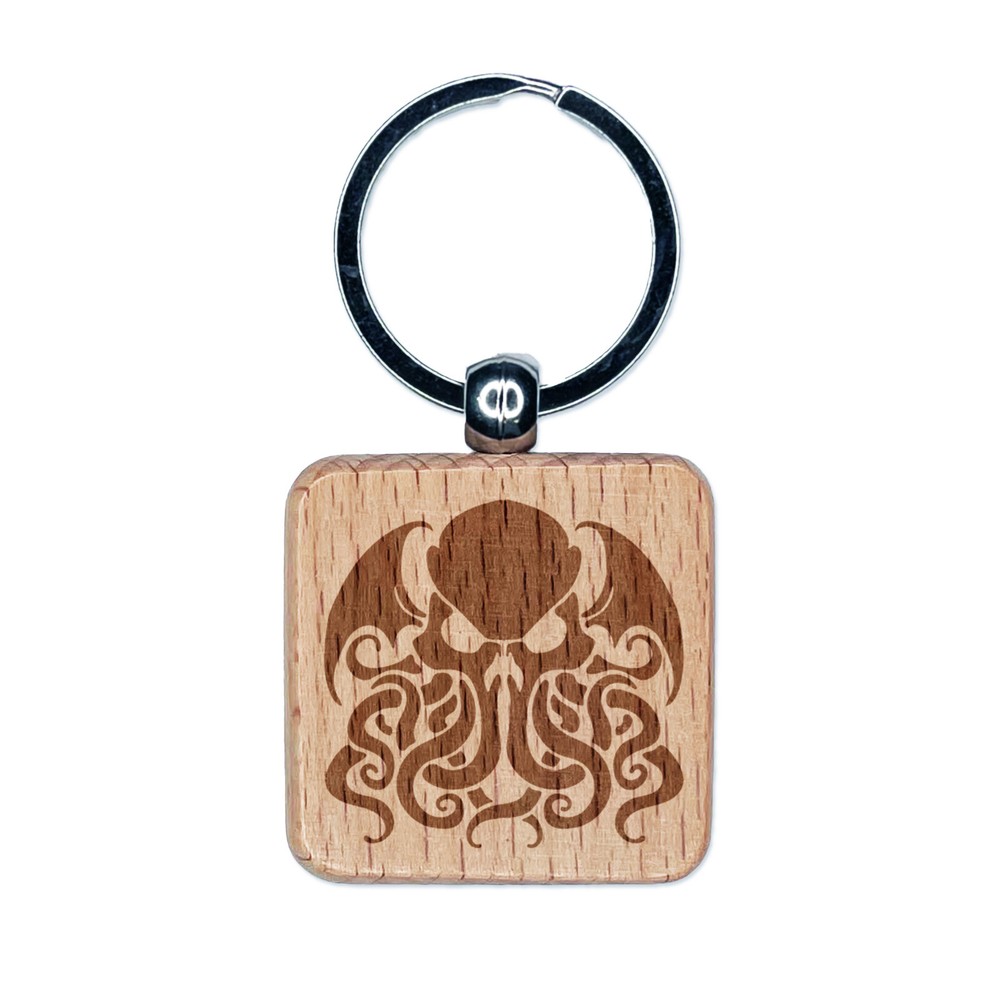 Cthulhu Eldritch Horror Engraved Wood Square Keychain Tag Charm
