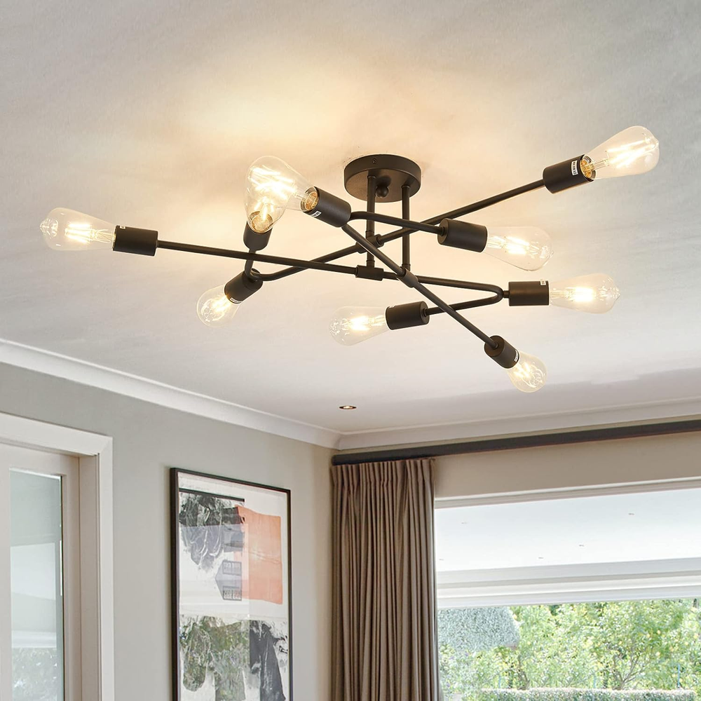 Black Semi Flush Mount Ceiling Light Fixture，9 Light Modern Metal Chandelier，Cei