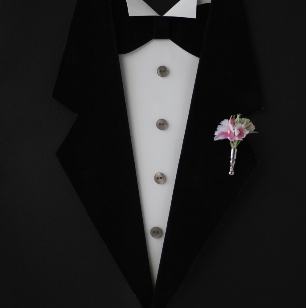 Poirot lapel pin with Sweet William pink boutonniere and tussie mussie vase
