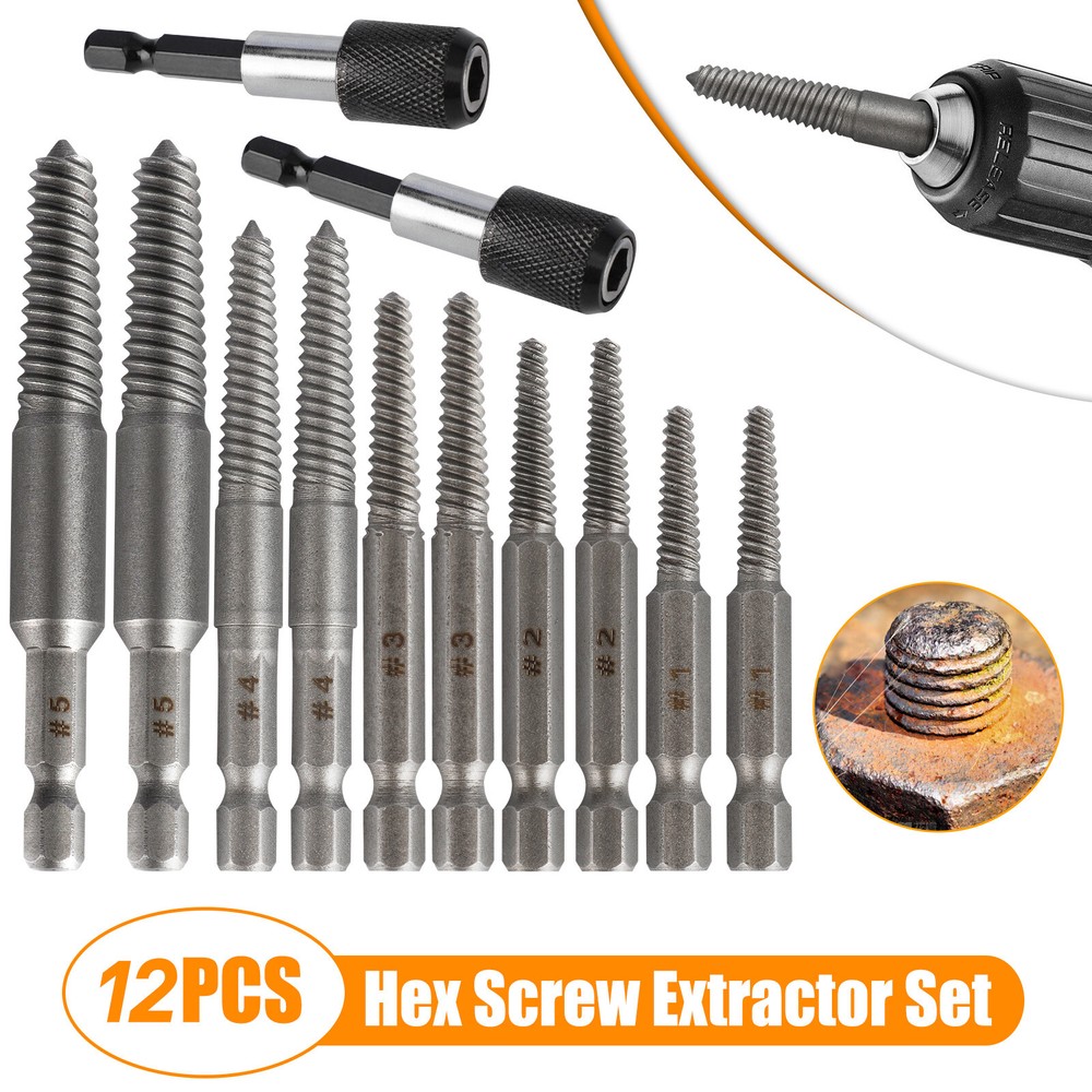 12Pcs Stud Screw Extractor Remover 1/4 Inch Hex Shank Damaged Bolt Easy Out Sets