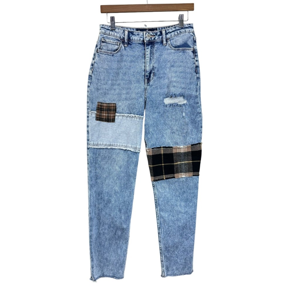 Hollister Ultra High-Rise Mom Jean 7 Long 28 Plaid Patch Vintage Stretch Grunge