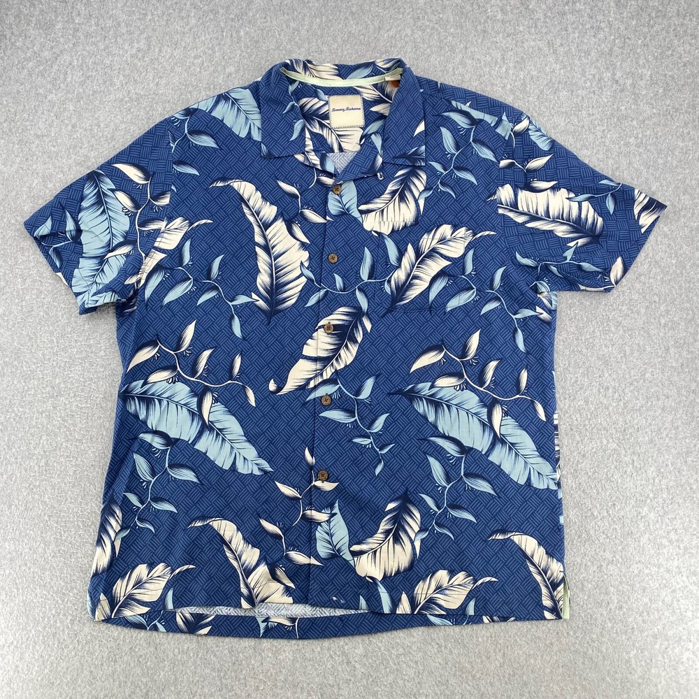 Tommy Bahama Shirt Men's XL Blue Floral Print Short Sleeve 100% Silk Button Down