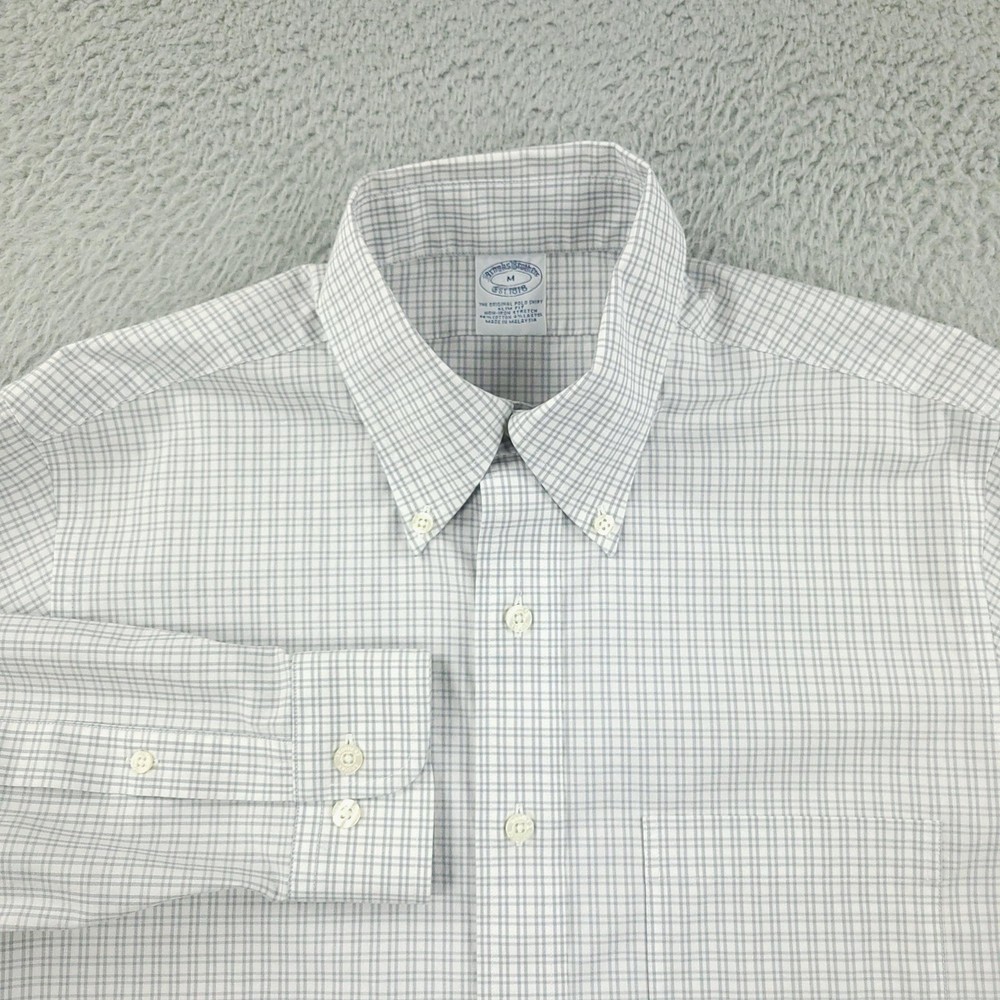 Brooks Brothers Dress Shirt Mens Medium White Check Slim Fit Non Iron Casual