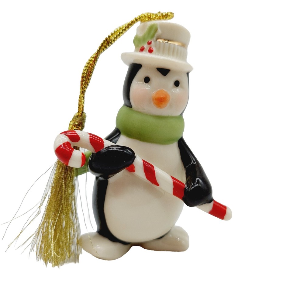 Lenox Penguin Wearing A Hat & Holding Candy Cane Christmas Ornament