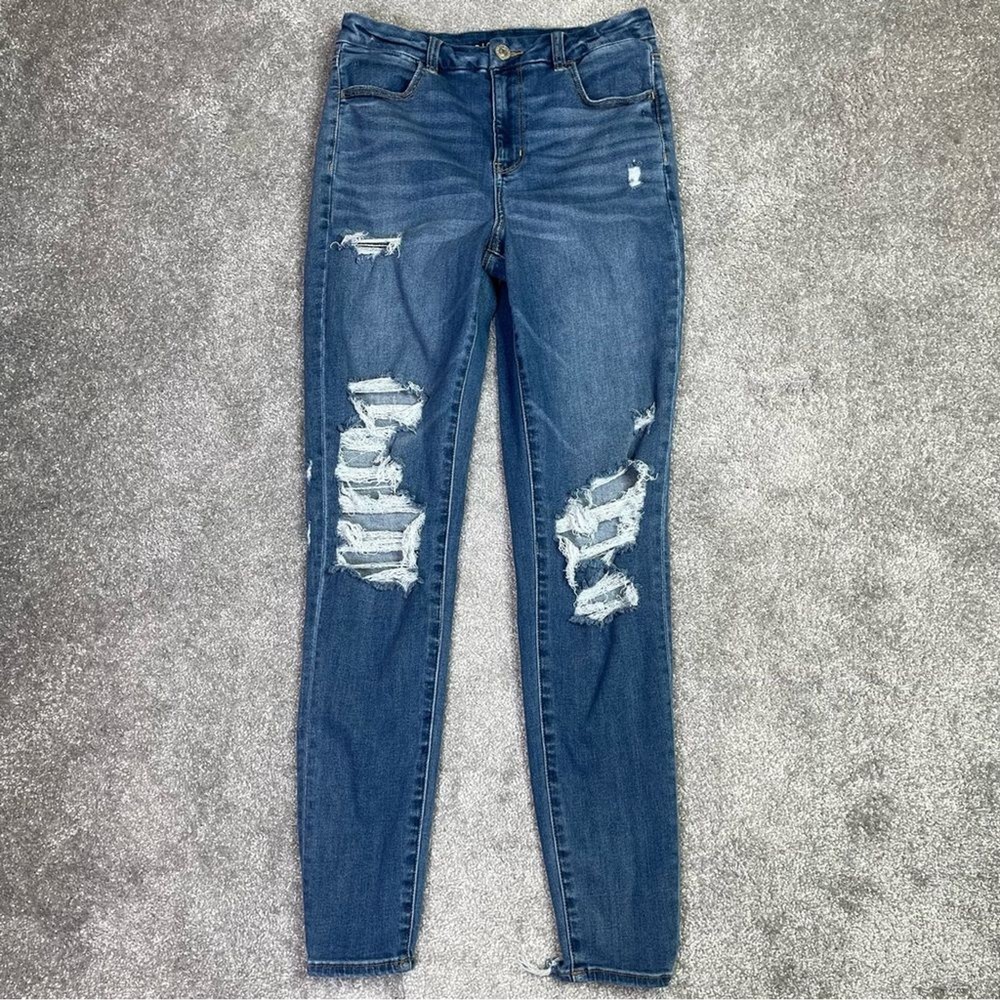 American Eagle Jeans Wome’s 10 X-Long Blue Skinny Curvy High Rise Jegging Ripped