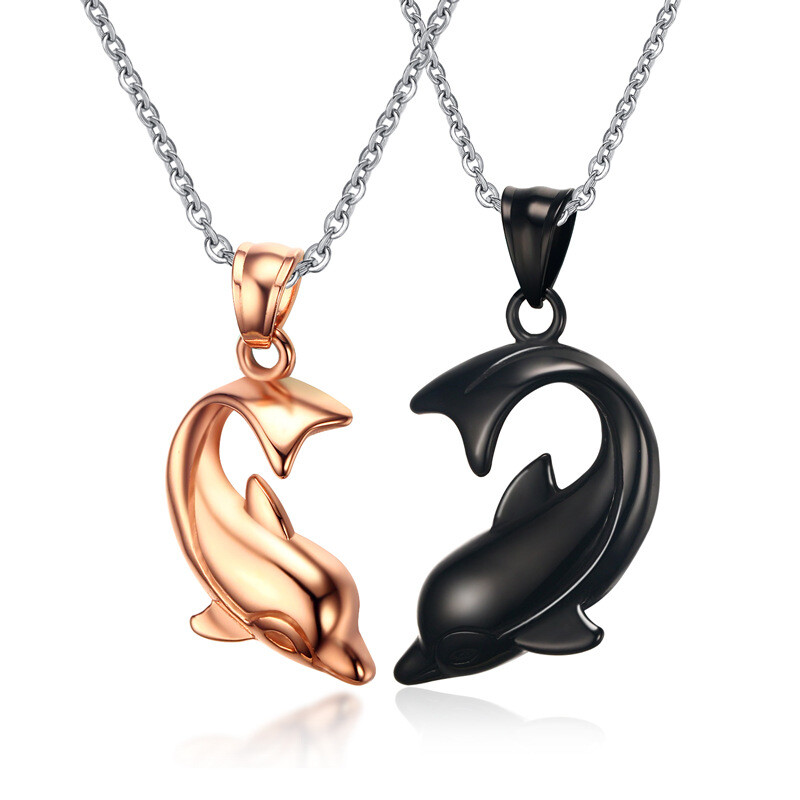 Titanium Steel Dolphin Lovers Pendant Black + Rose Gold Necklace Jewelry A Pair