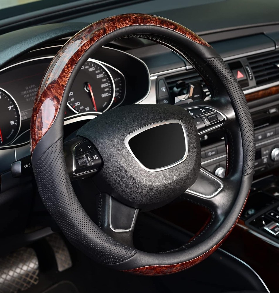 Wood Grain Steering Wheel Cover, Universal 15 inch Standard size[14 1/2''-15'']