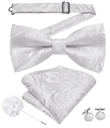 Men's Pre-Tied Bow Tie Set with White Paisley Pocket Square & Lapel Pin