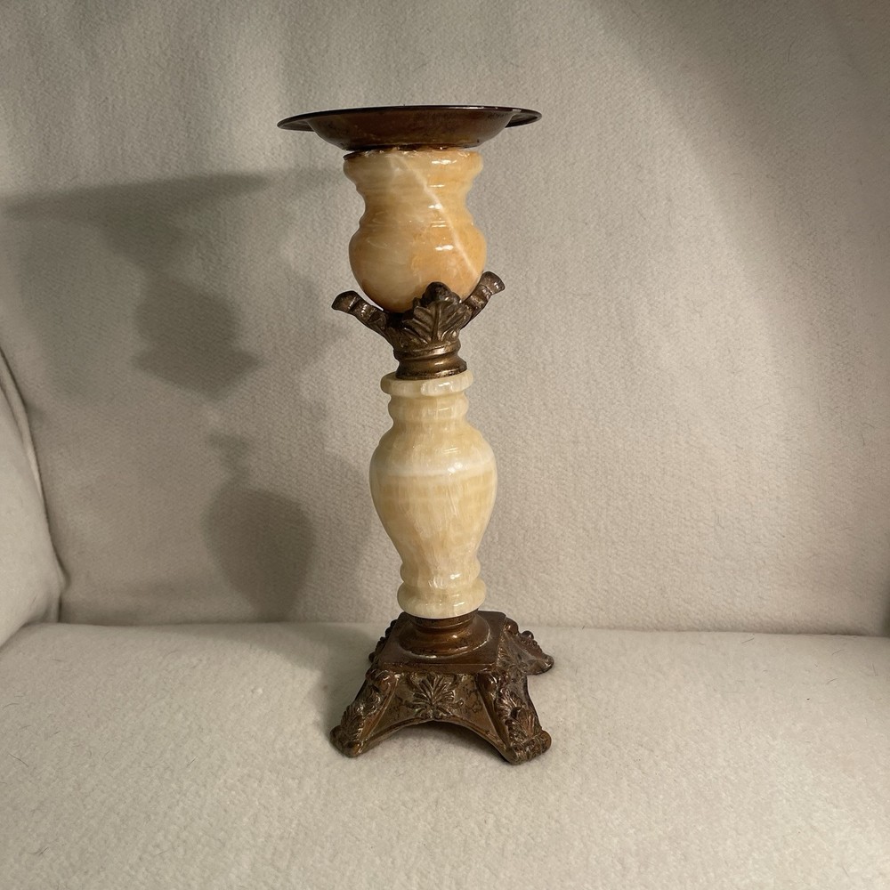 Vintage Art Deco Alabaster Candle Holder with Metal Base and Top