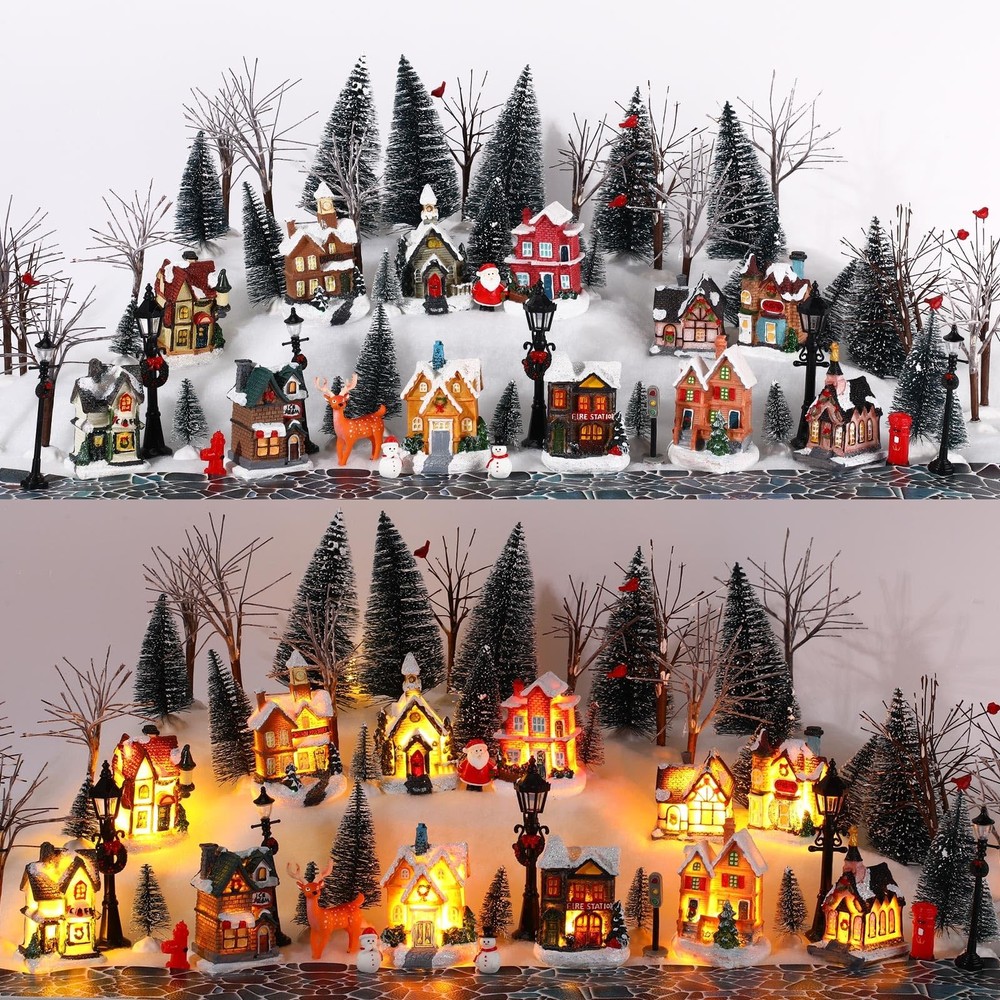 68 Pieces Christmas Winter Houses Village Set, Christmas Bare Branch Trees Sn...