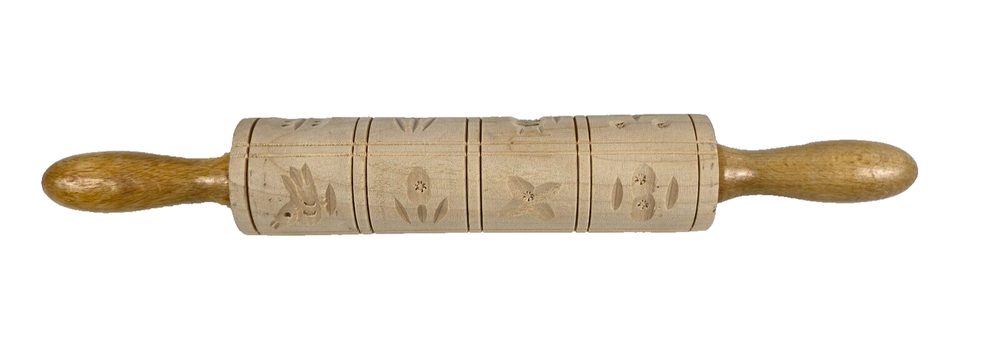 VTG West Germany Engraved Owl & Floral Wooden Rolling Pin for Cookie Dough