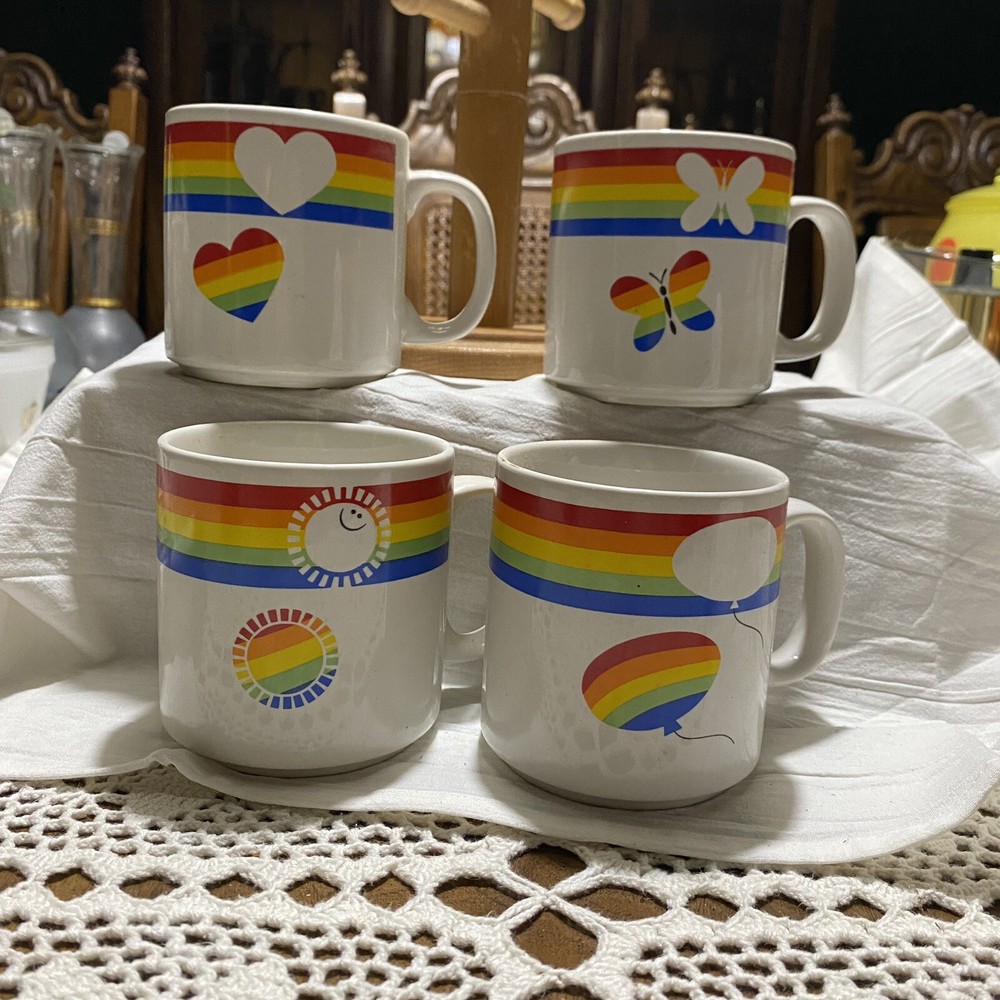 4 RUSS Berrie Rainbow 🌈 Stripe Sun Butterfly Balloon Heart Mug Cup W/mug Tree