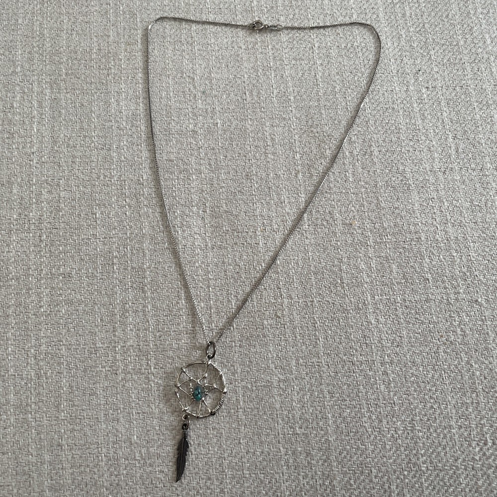 Sterling Silver Chain Dream Catcher Feather Turquoise pendant necklace Boho