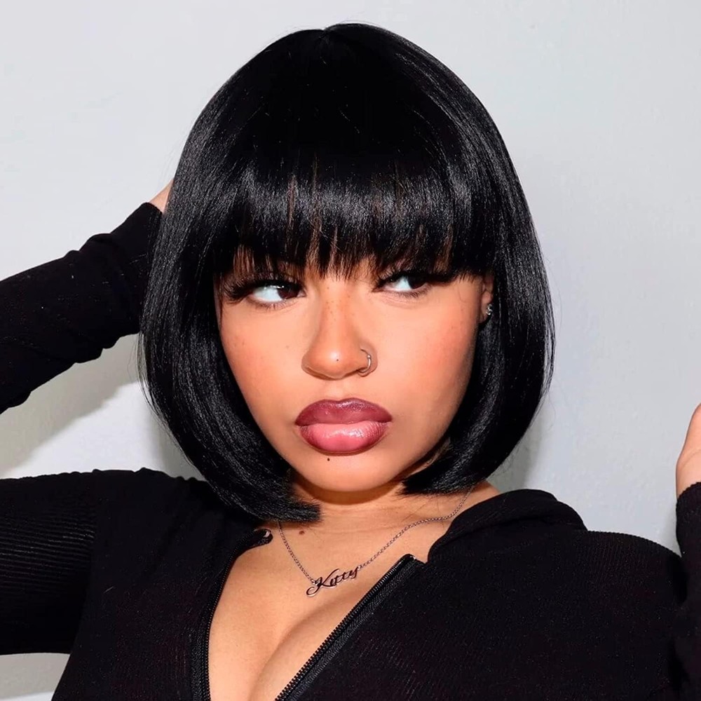 10 Inch Short Black Human Hair Bob Wig with Bangs Light Yaki Straight