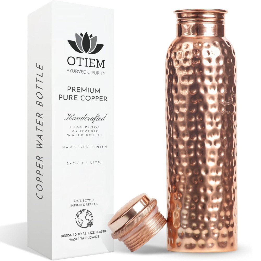 Otiem 100% Copper Water Bottle for Drinking Water, 34 Oz Hammered Finish – Stay
