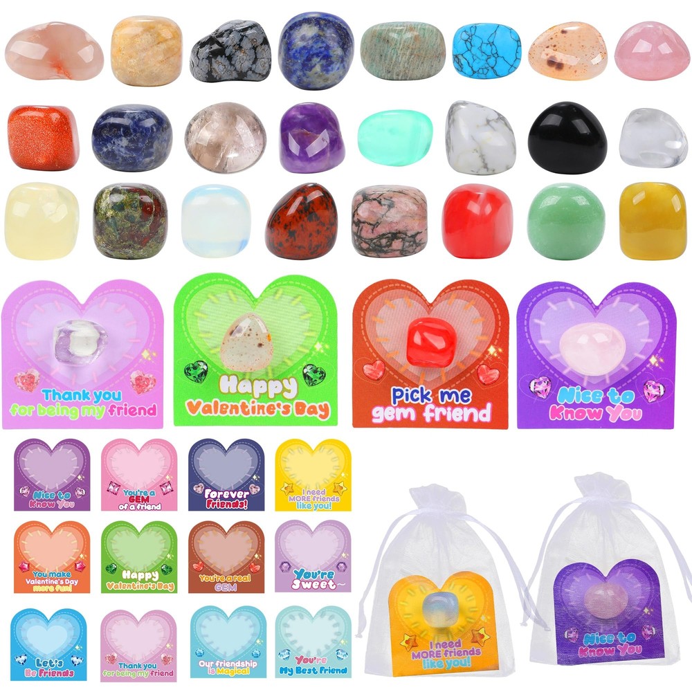 Valentines Day Gemstone Gift Pack for Kids - 24 Natural Stones