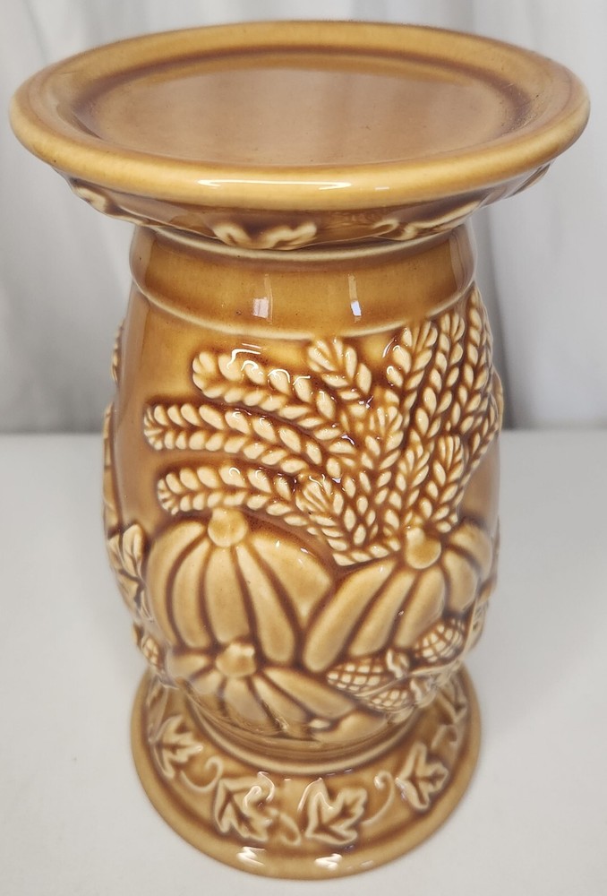 Golden Brown Ceramic Pumpkin Wheat Pillar Candle Holder for Home Decor