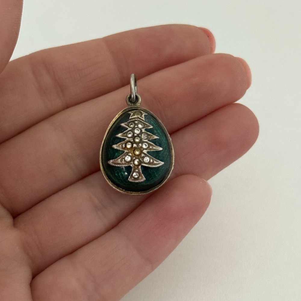Vintage Green Enamel 3D Egg Christmas Tree Crystal Silver Tone Pendant