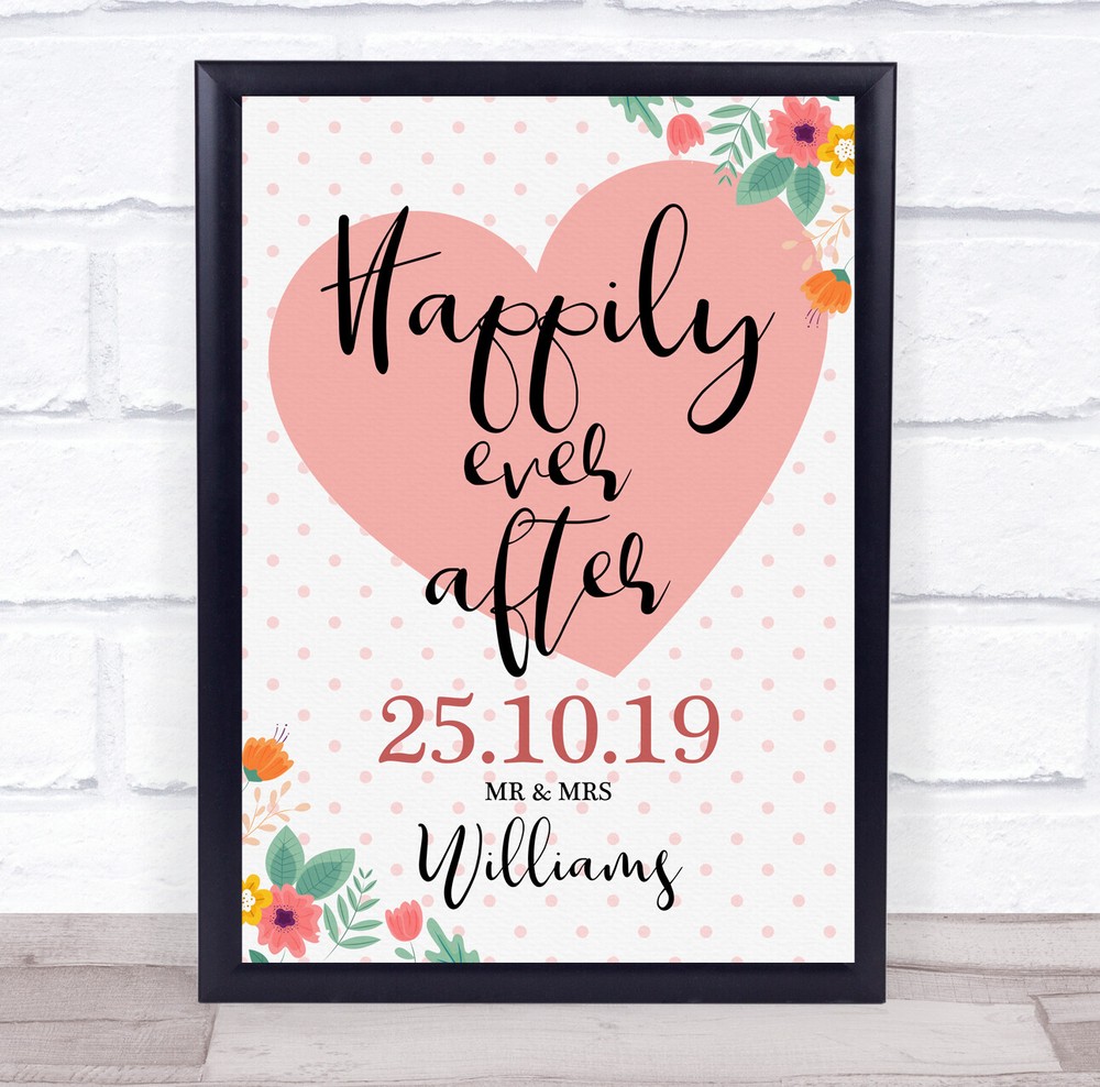 Floral Red Heart Wedding Date Happily Ever After Personalised Gift Print