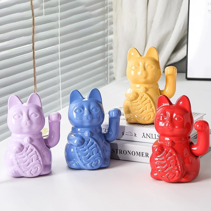 Figurine Animal Lucky Cat Ceramic Multicolor Modern Carved Small Free Stand
