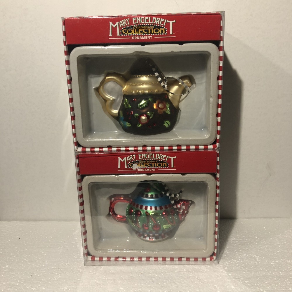 Mary Engelbreit Kurt S Adler Ornaments (2) Teapot Glass Christmas W Boxes