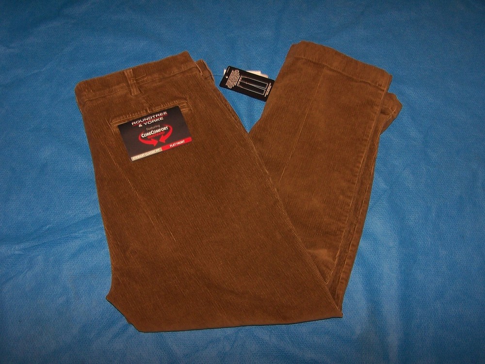 Men's Size 36x34 Classic Fit Flat Front Beige Corduroy Pants by Roundtree & Yorke