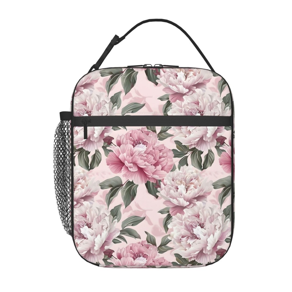 Pink Peony Floral Insulated Lunch Box Reusable Bag for Kids Girls School