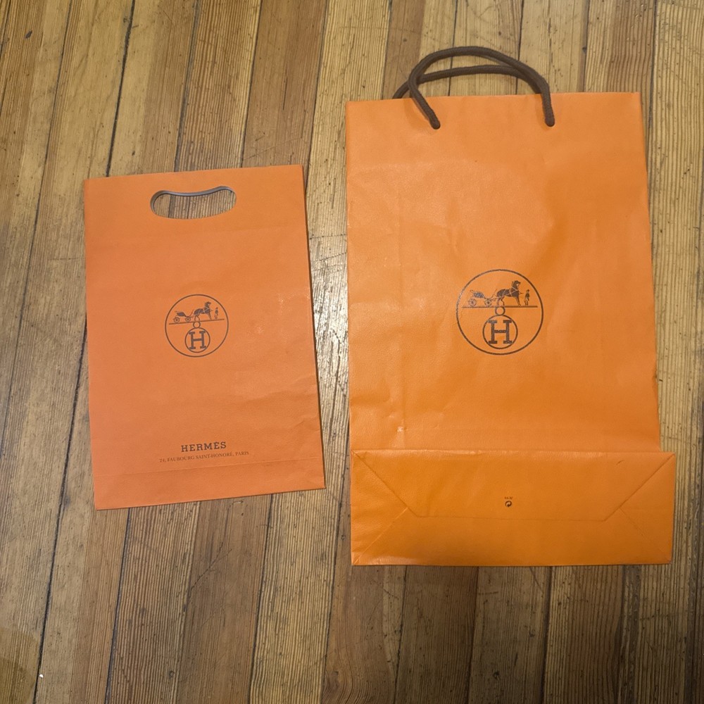two (2) Hermes Paper Bag Empty Paper Gift Bag Orange Authentic 17”X11” & 12X8”
