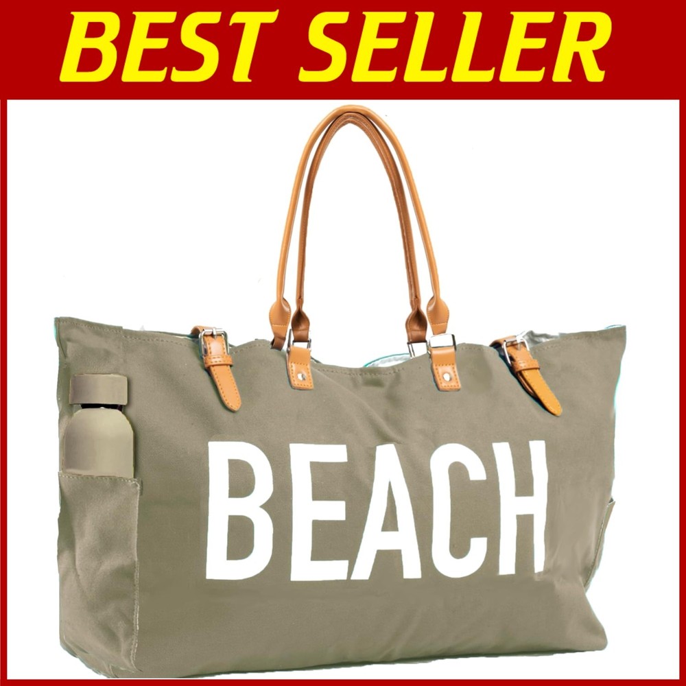 Compact Sandproof Waterproof Beach Tote with Vegan Leather Handles