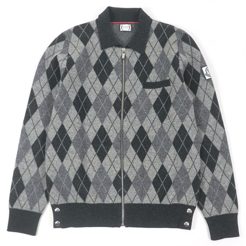 MONCLER GAMME BLEU Argyle Logo Patch 100% Wool Knit Jacket Preowned Good Condition